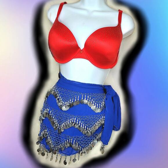 Gypsy Belly Dancer Scarf Blue Sheer Fabric Gold Trim SKIRT ONLY - Picture 1 of 3